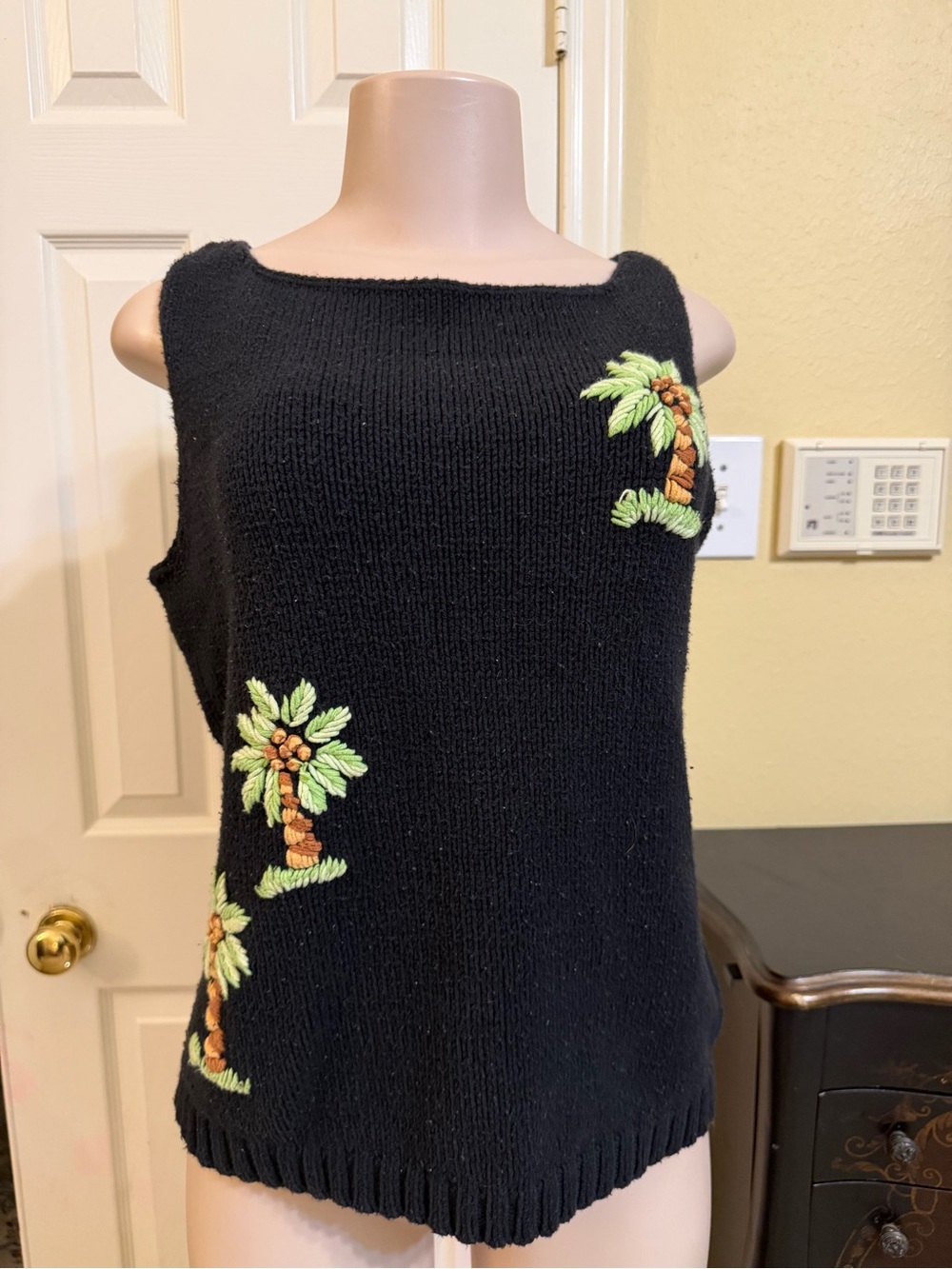 Black Palm-Embroidered Knit Tank Top